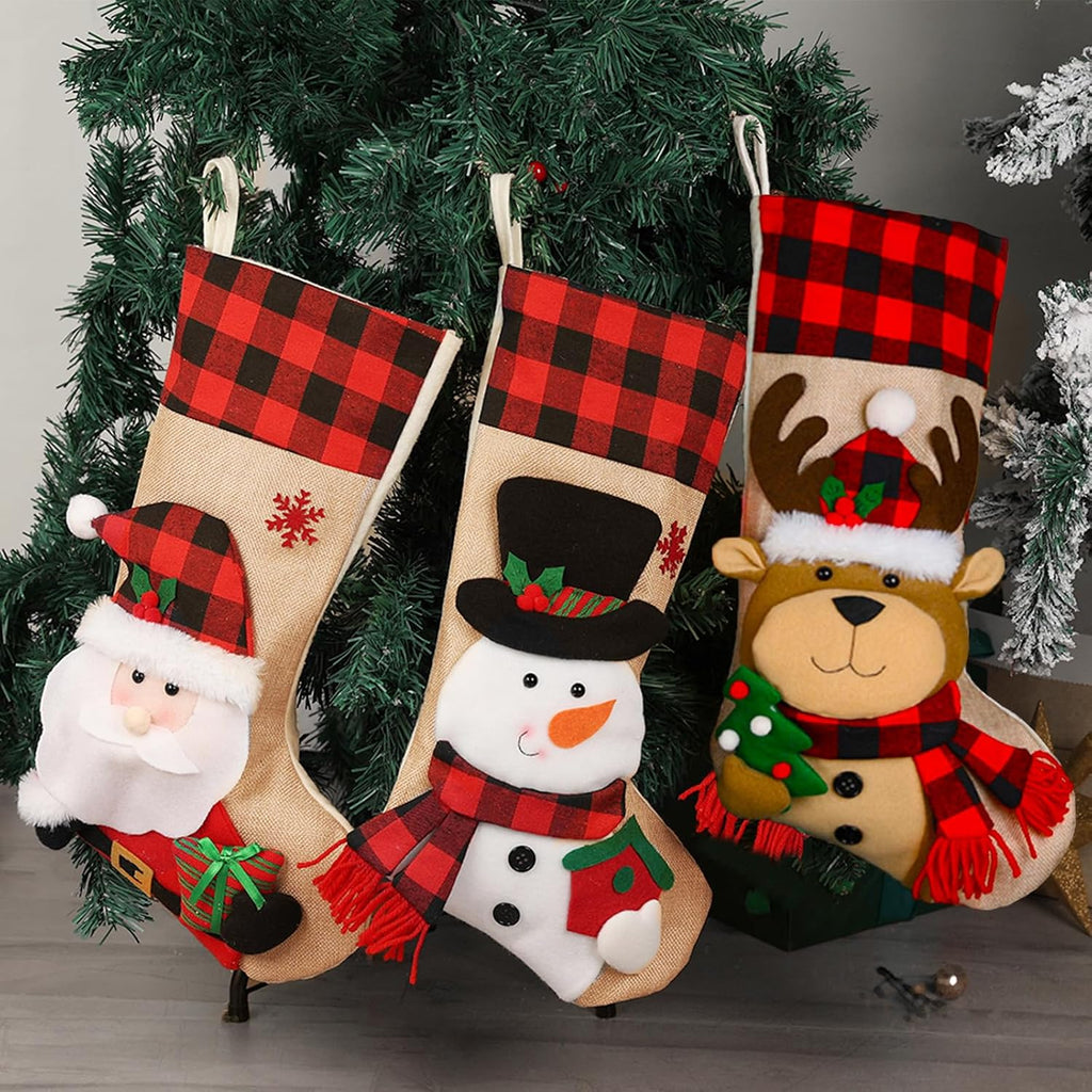 Christmas Stockings Large 18'' 3Pcs - Xmas Stocking Burlap with Plaid and Santa, Snowman, Reindeer for Family Holiday