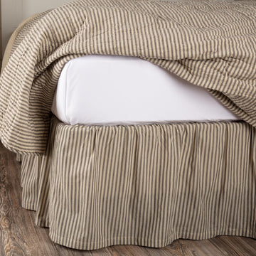 Sawyer Mill Ticking Striped Cotton Farmhouse Split Corners Gathered King Bed Skirt, 78x80x16, Charcoal Dark Creme