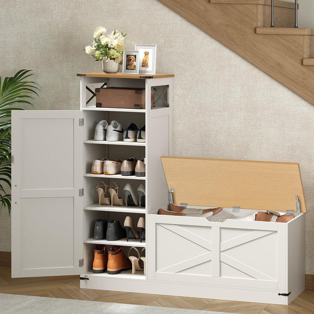 Shoe Cabinet with Bench, L-Shaped Shoe Bench, Storage Bench, Farmhouse Shoe Storage Cabinet with Adjustable Shelves