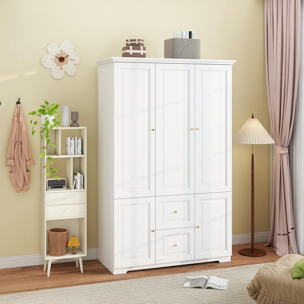 White Armoire Wardrobe Closet with 2 Drawers and 3 Doors, 74" H