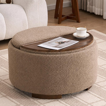 29.5 Inch Round Storage Ottoman Coffee Table, Dual Reversible Lids