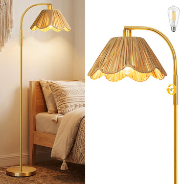 Gold Floor Lamp, Modern Standing Lamp with Raffia Lampshade, Stepless Dimmable Rotary Switch, 63" Farmhouse