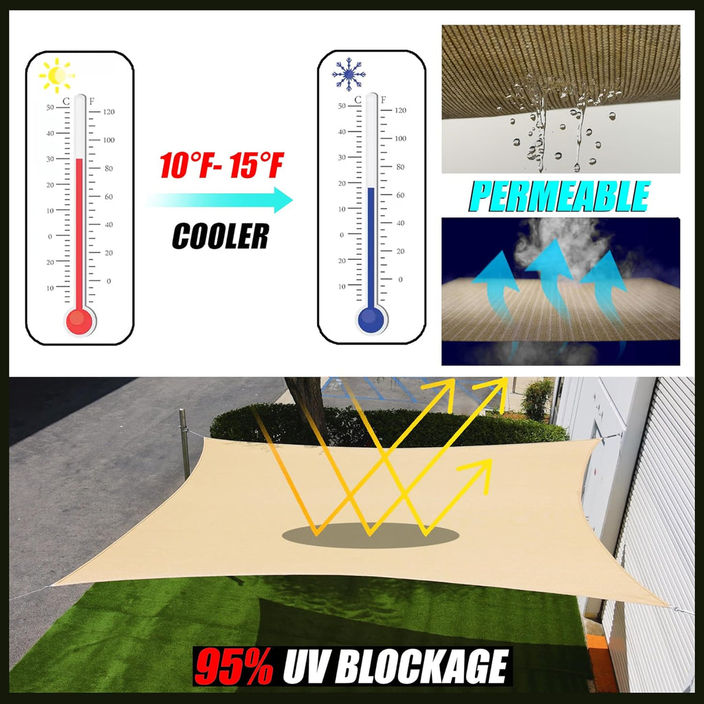 14' x 20' Beige Rectangle Sun Shade Sail Canopy Outdoor Patio Fabric Screen Awning RTAPR1420 - UPF50+ 95% UV