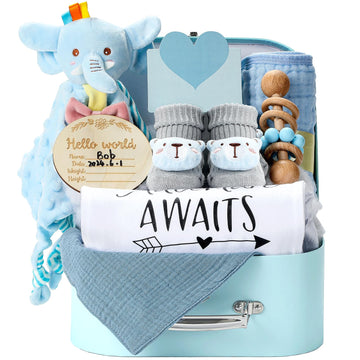Baby Gift Set Baby Shower Gifts Basket for Newborns New Born Baby Boy Gift Set Blue Baby Gift Basket with Baby Rattle