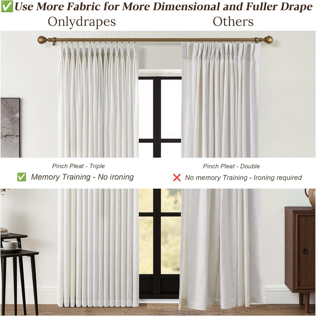 Triple Pinch Pleated Curtains for Living Room 90 Inch Linen Curtains 2 Panels Set Natural Cream Light Filtering Semi