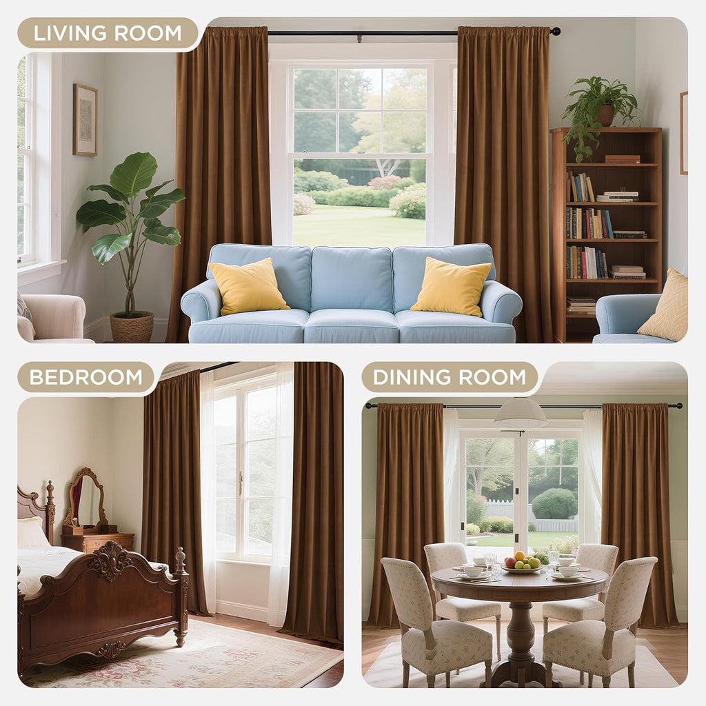 Golden Brown 100% Blackout Curtains 96 Inch 2 Panels, Luxury Thermal Brown Velvet Curtains for Bedroom Living Room