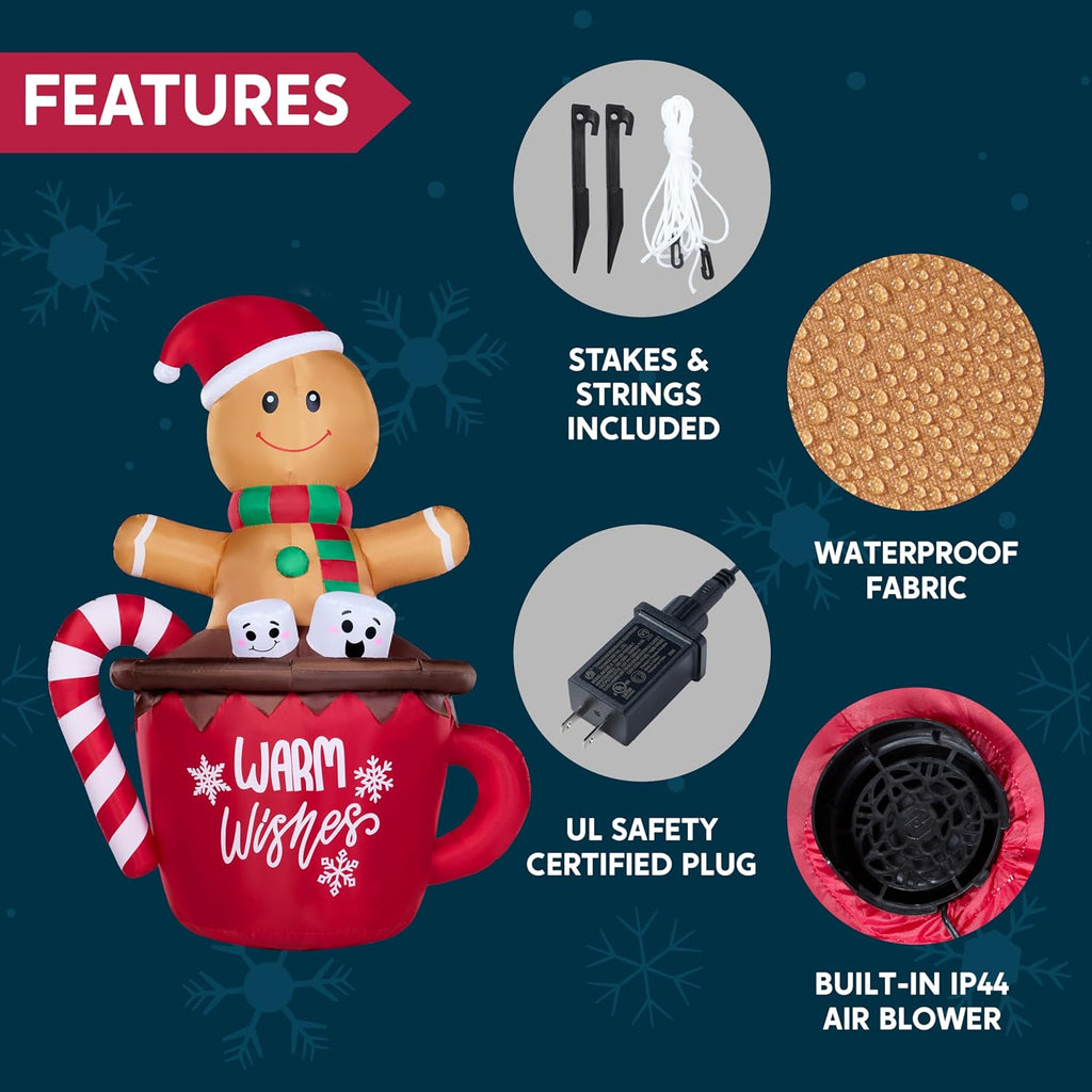 6 FT Christmas Inflatables Gingerbread Outdoor Decorations, Gingerbread Man in Hot Cocoa Mug with LEDs, Cute