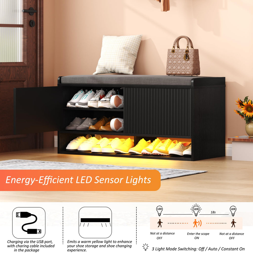 39.4" Fluted Shoe Storage Bench, Entryway Bench with Linen Seat Cushion, Shoe Cabinet Bench with Adjustable Shelf and