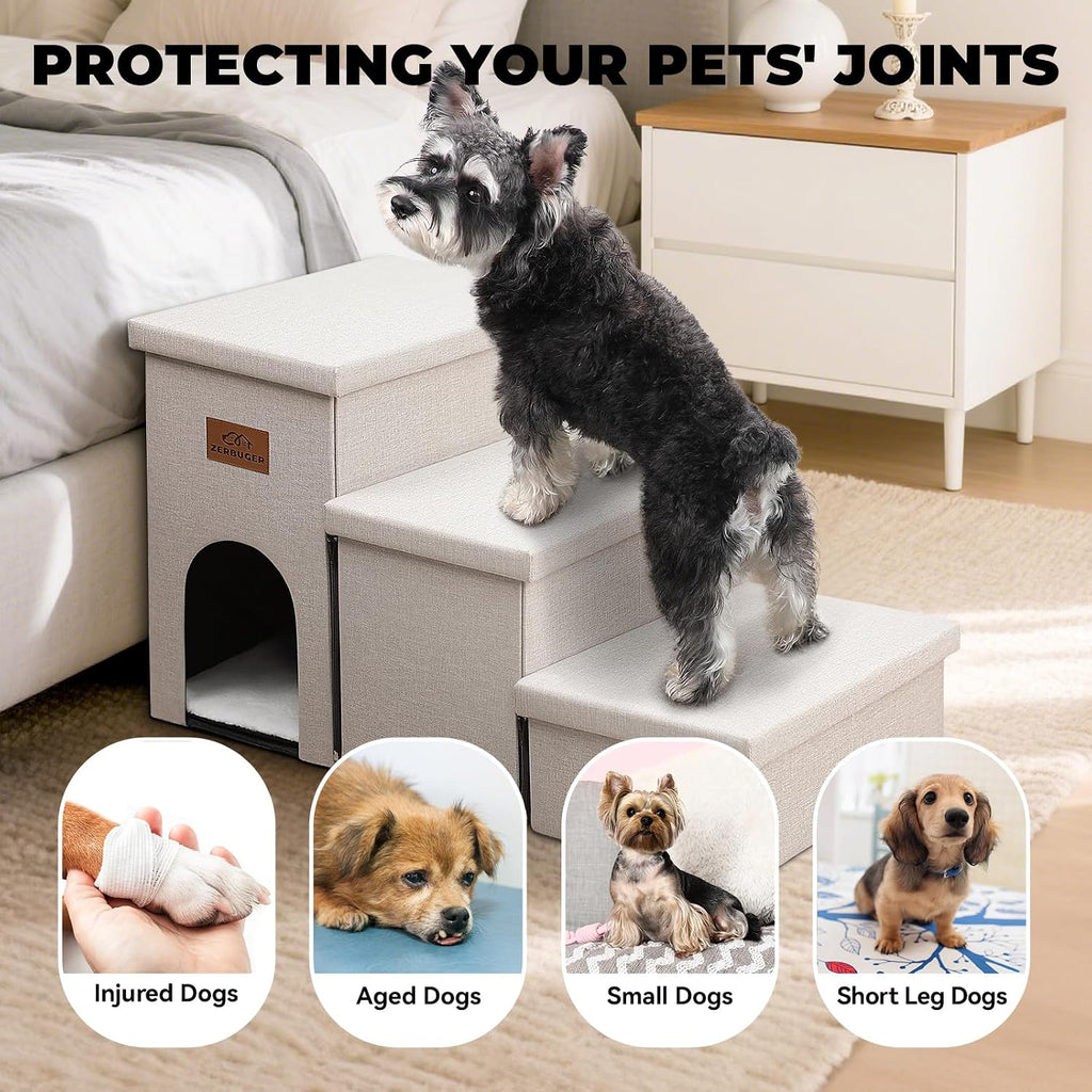 Dog Stairs with Storage, Beige 3 Steps Dog Ramp with Condo for Bed