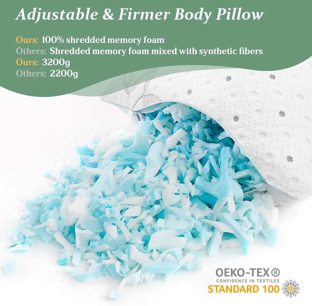 Body Pillow Shredded Memory Foam with Pillowcase for Adult | Adjustable Foam Pregnancy Long Full Bed Body Pillows for