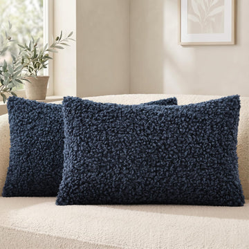 Sherpa Decorative Throw Pillow Covers 12x20 Set of 2 Navy Blue