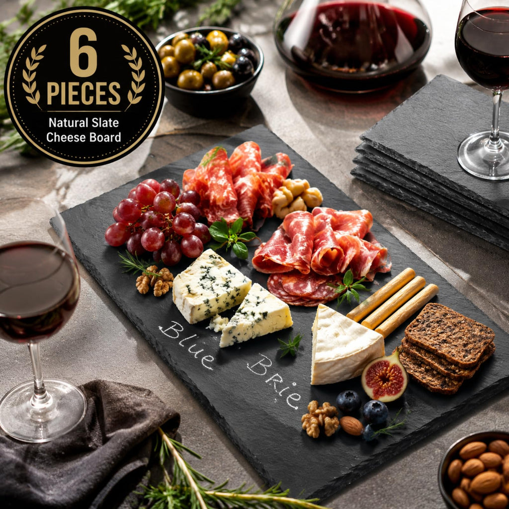 6 Pieces Slate Cheese Board, 12" x 8" Black Charcuterie Boards Natural Slate Stone Plate Tray, Gourmet Serving