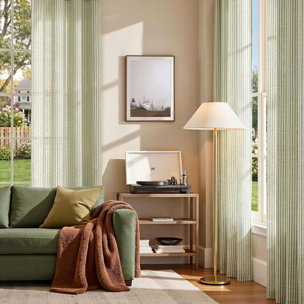 Linen Curtains for Living Room Sage Green on Beige Striped Curtains for Bedroom Ticking Stripe Pattern Light