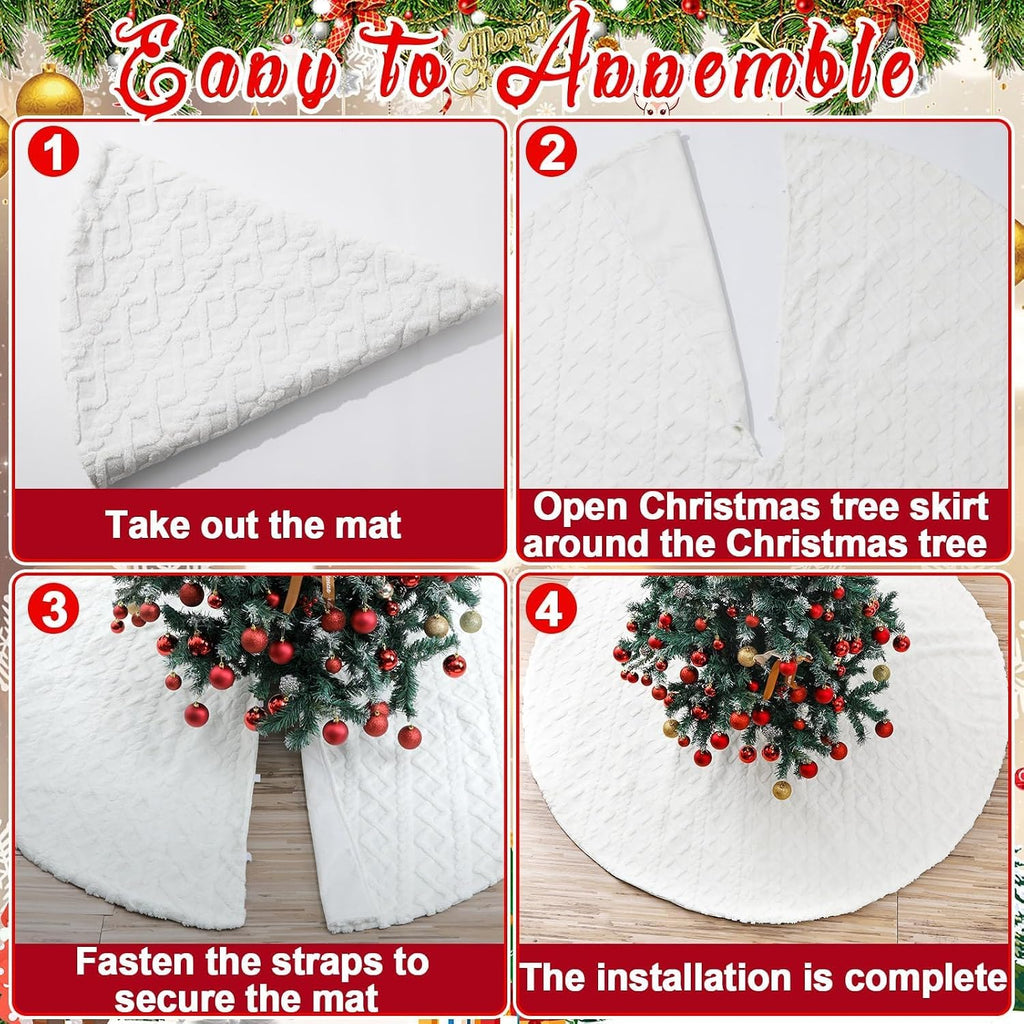 72 Inch Large Faux Fur Christmas Tree Skirt for 7.5ft to 12ft Tree Crossed Diamond Textured Pattern White Christmas