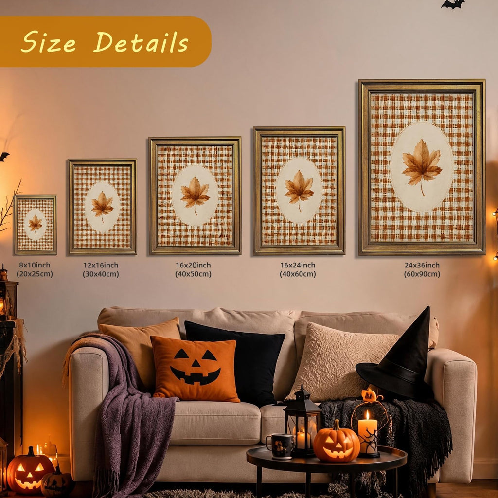 Gold Framed Autumn Leaf Canvas Wall Art Print Gingham Fall Botanical Painting Rustic Cottagecore Farmhouse Picture