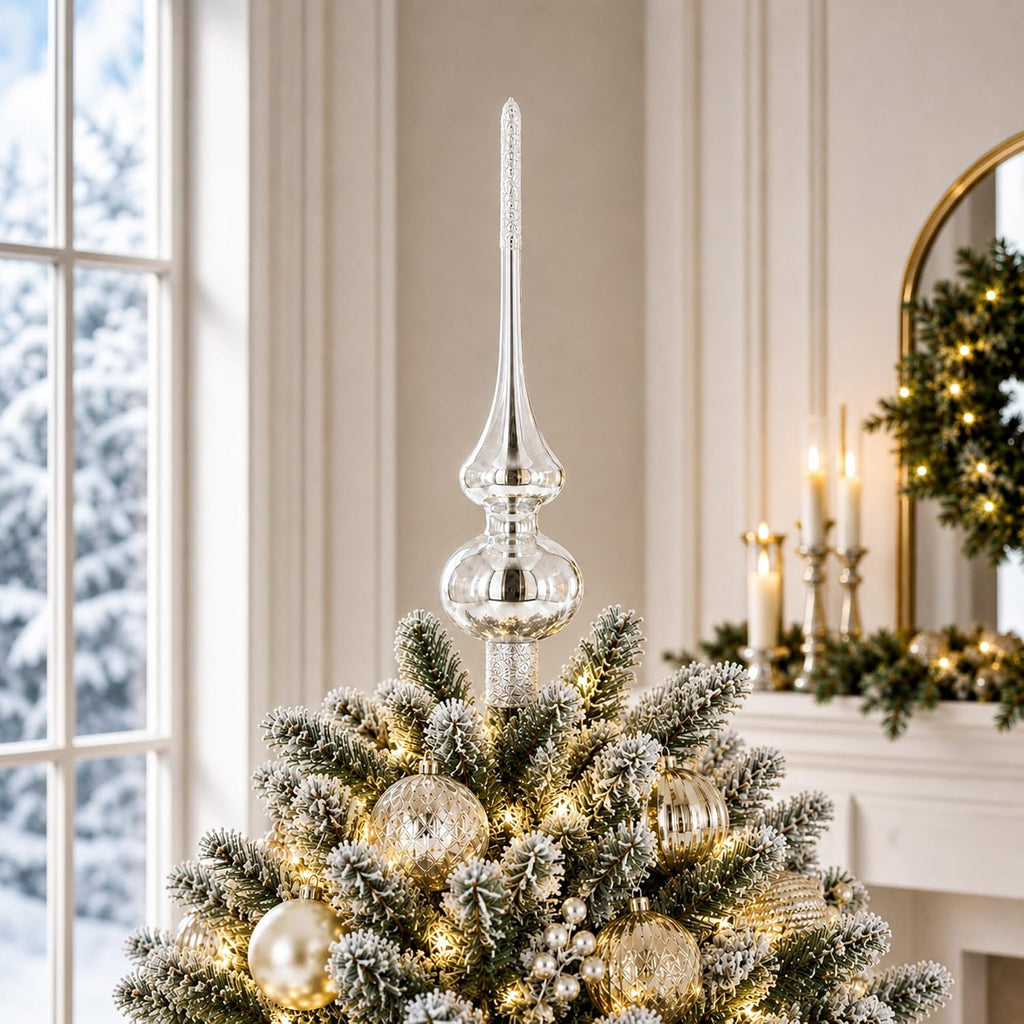 Glossy White with Sparkling Top Glass Christmas Tree Topper 11 Inches