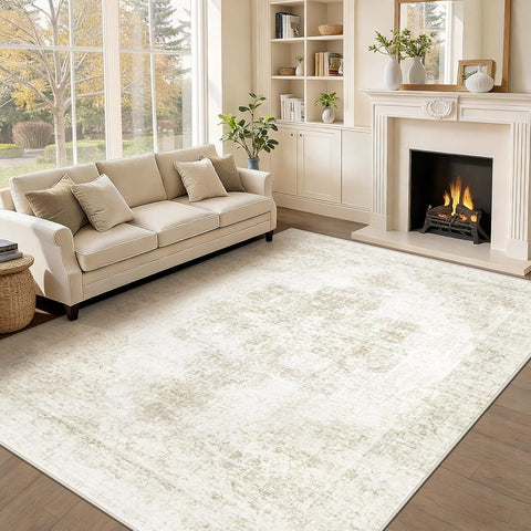 6x9 Washable Vintage Medallion Area Rug, Soft Non-Slip Carpet for Living Room Bedroom Beige