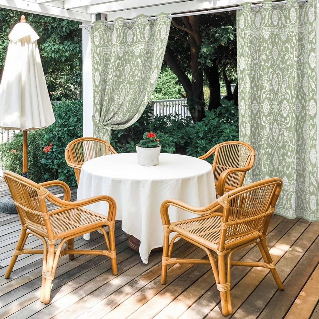 Outdoor Curtains 108 Inch Length, Sage Green Paisley Boho Waterproof Porch Curtain, 54" x 108" Abstract Art Floral