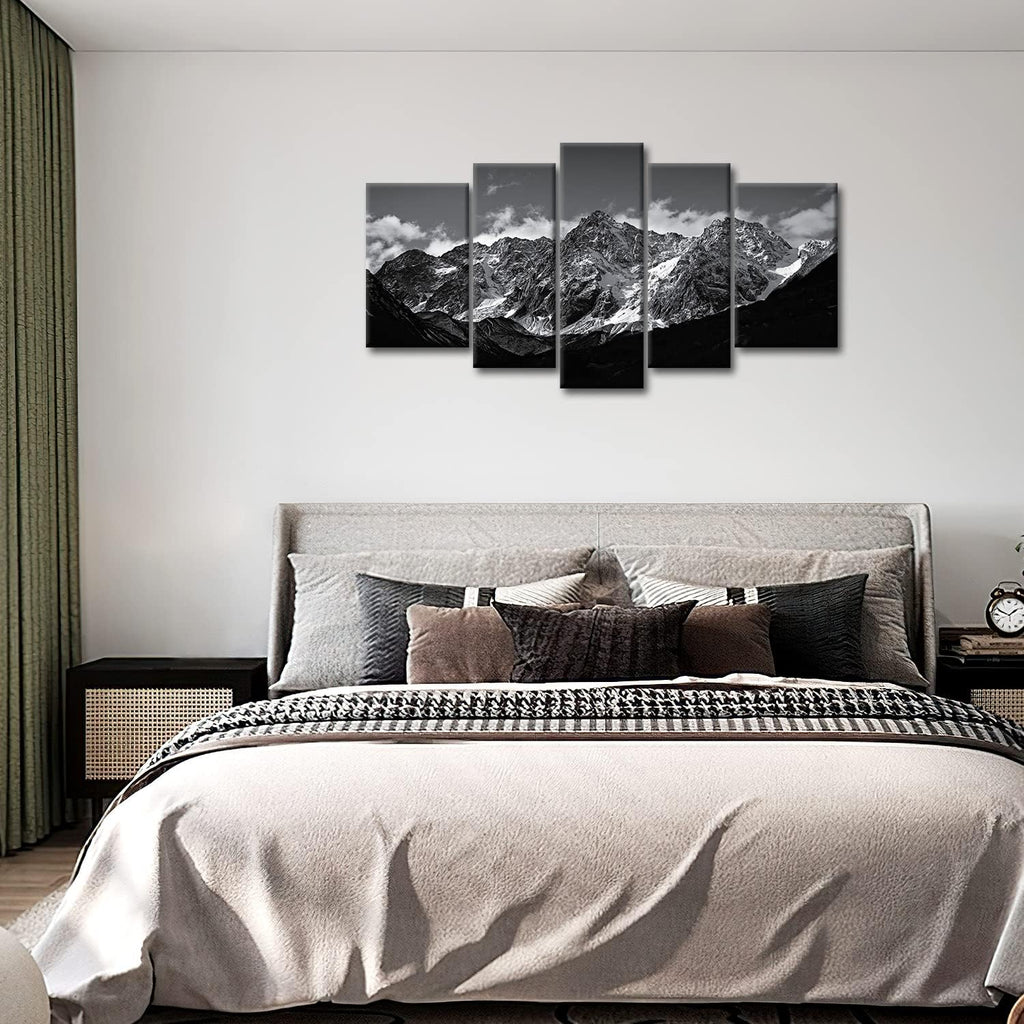 Canvas Wall Art Mountain Black and White Snow Mountain Landscape Picture 5 Pieces Prints On Canvas Modern Giclee