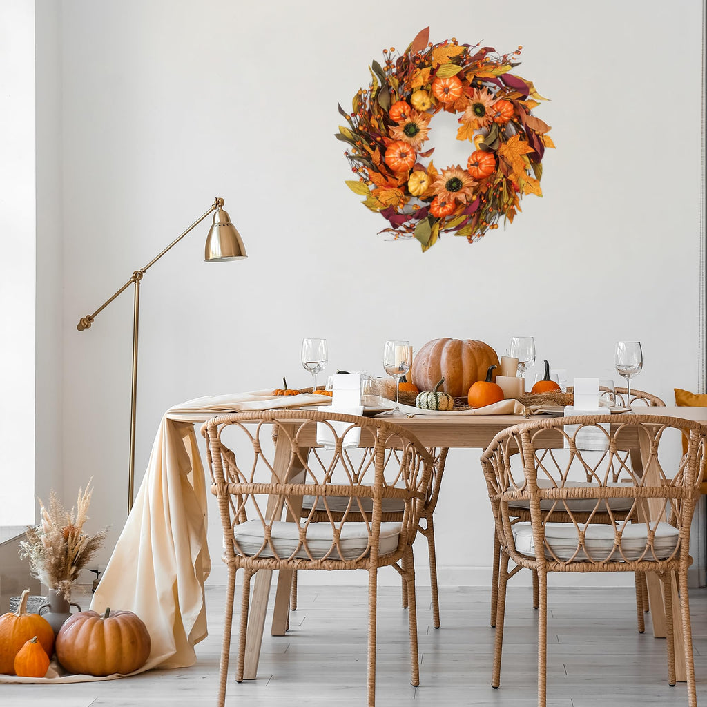 Fall Wreaths for Front Door 22 Inch, Autumn Wreath with Berry Pumpkin, Maple Leaves, Thanksgiving Harvest Festival