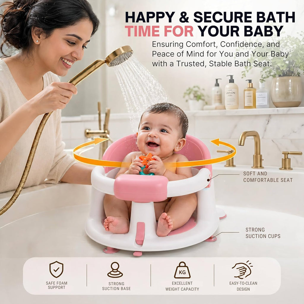 Baby Bath Seat for Sitting Babies, Non-Slip Baby Bath Chair with 3 Suction Cups, Safe & Comfortable Toddler Bath