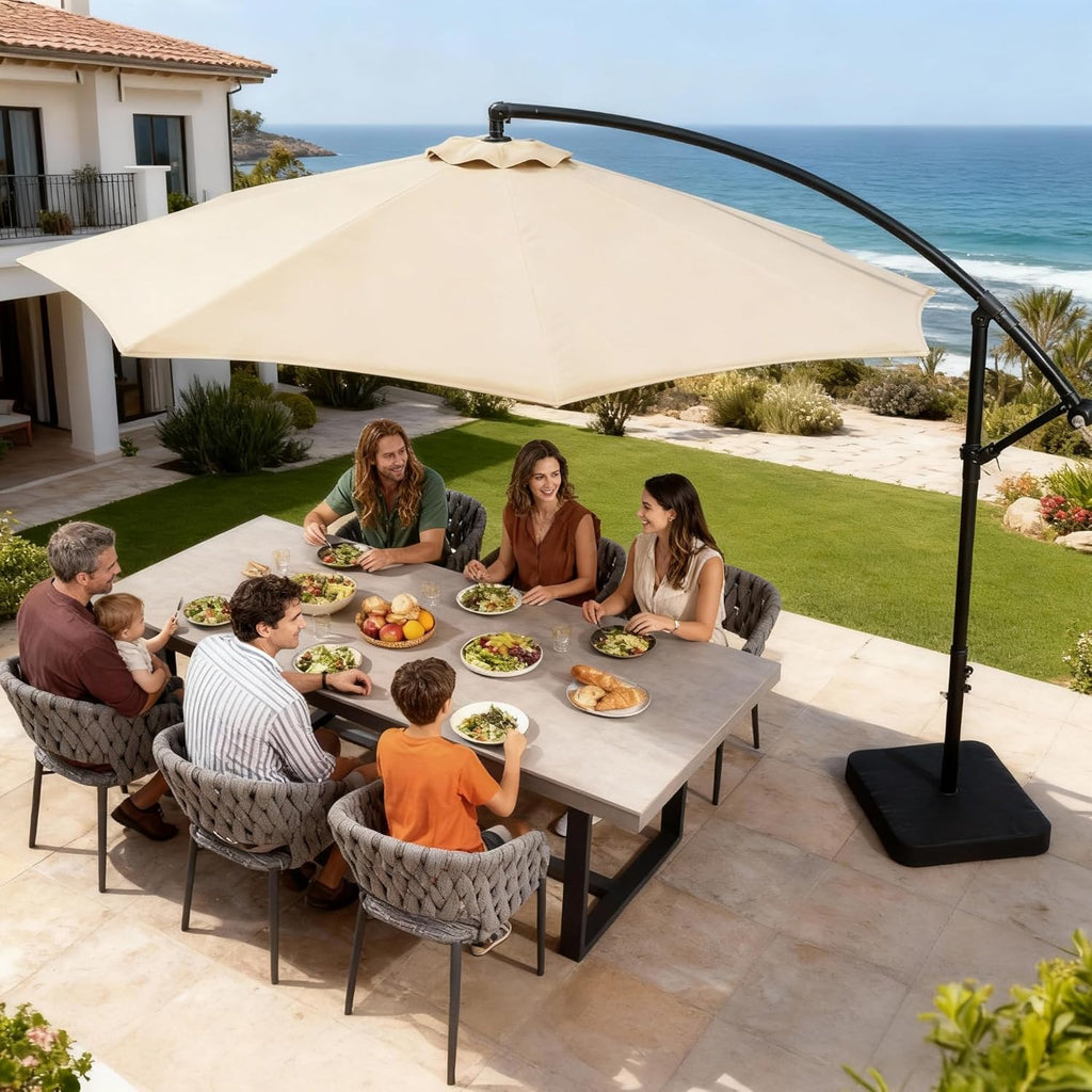 10FT Patio Umbrella with Base, Cantilever Offset Outdoor Umbrella with 360° Rotation, Infinite Tilt
