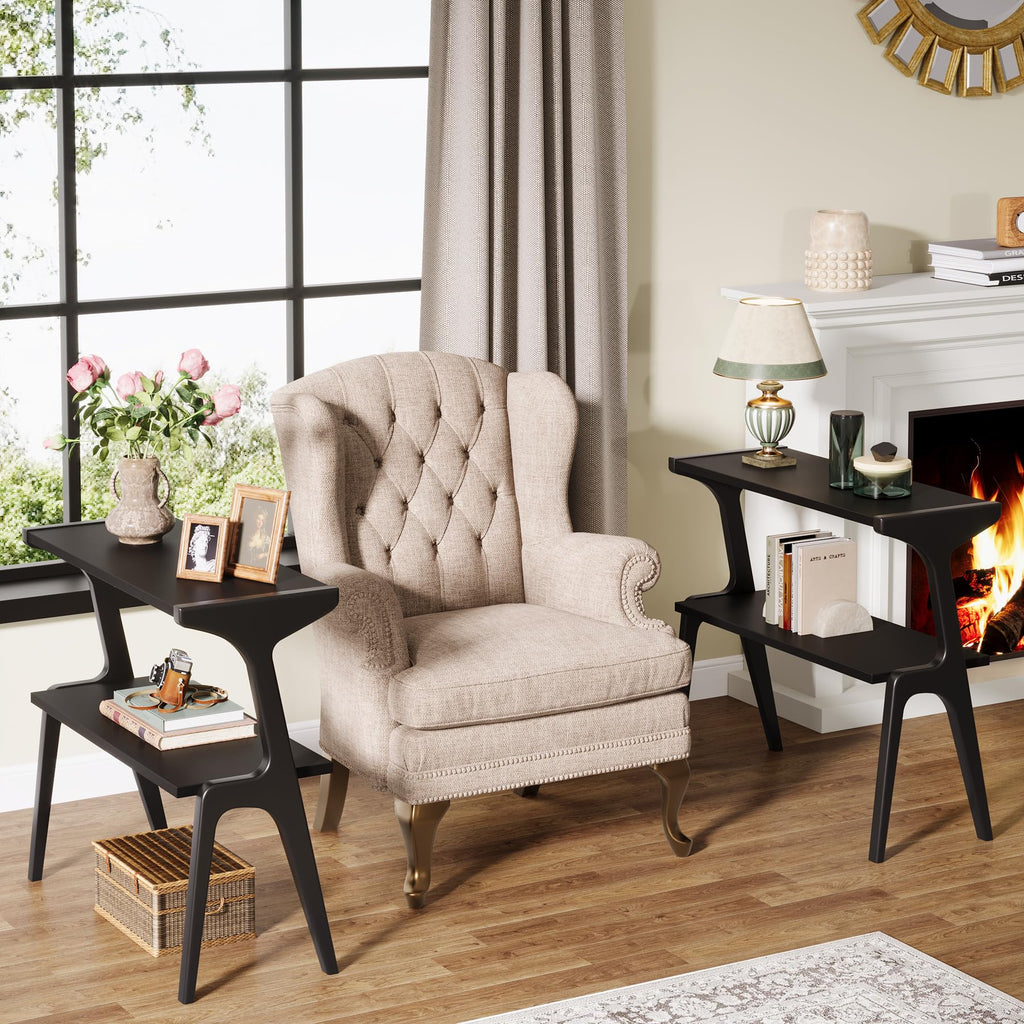 2-Tier Solid Wood Side Table, Modern Black End Table with Storage Shelves, Tall Slim Side Table for Couch with Unique