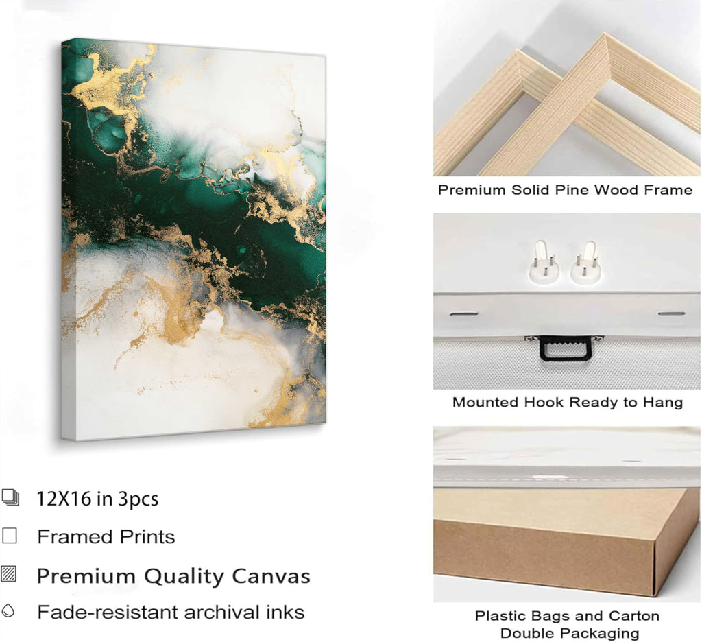 3 Piecs Emerald Green and Gold Canvas Wall Art 12x16in