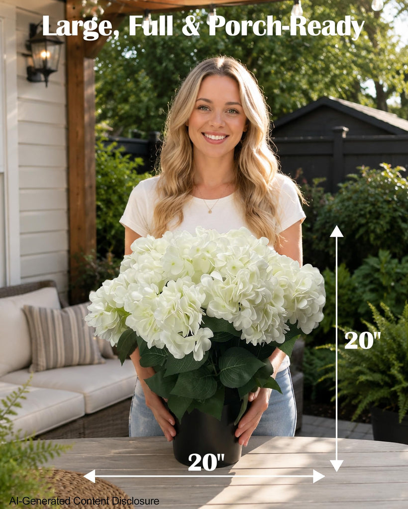 20" Artificial Plants Outdoor in Pots, UV Resistant Faux Bushes for Front Porch, Realistic White Fake Garden Entryway