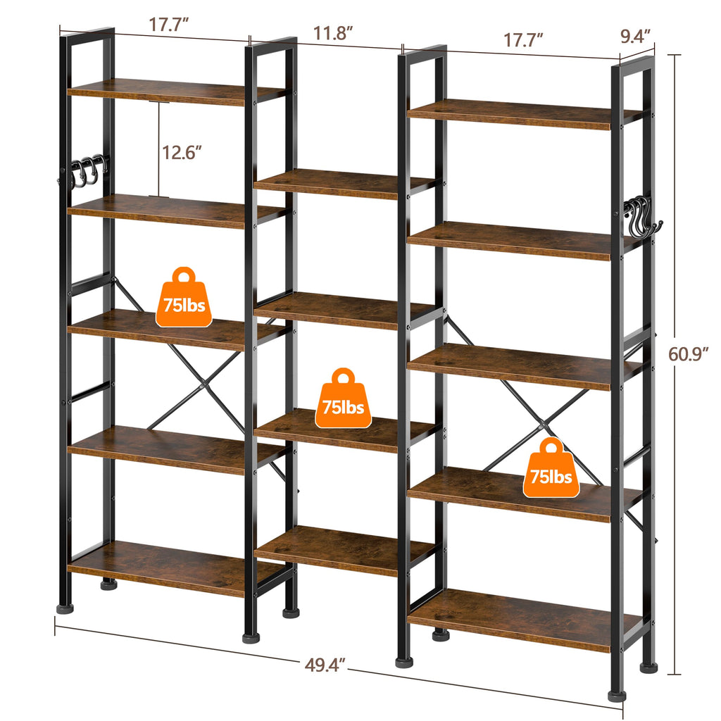 Triple 5 Tier Bookshelf with 14 Display Shelves, Rustic Brown