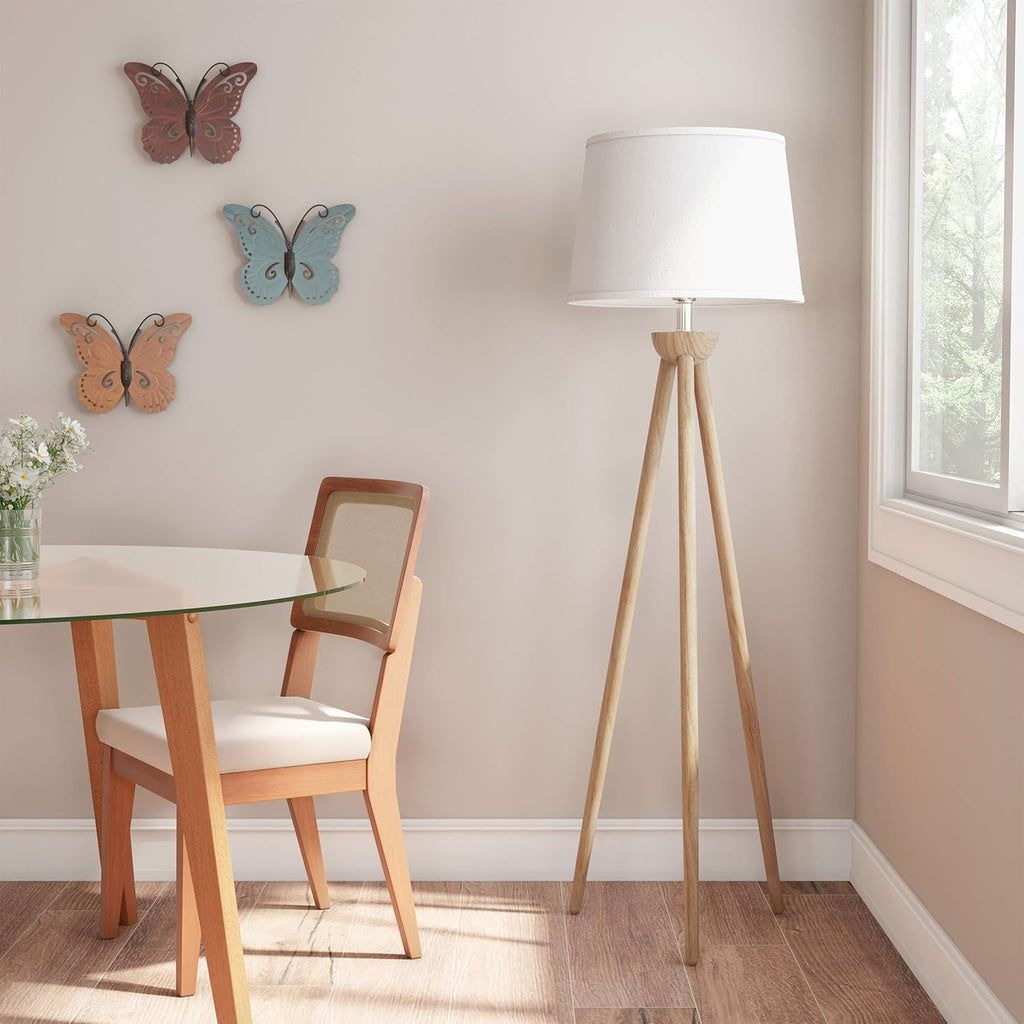 Tripod Floor Lamp - Mid-Century Modern Décor Light with LED Bulb and Natural Oak Wood Base