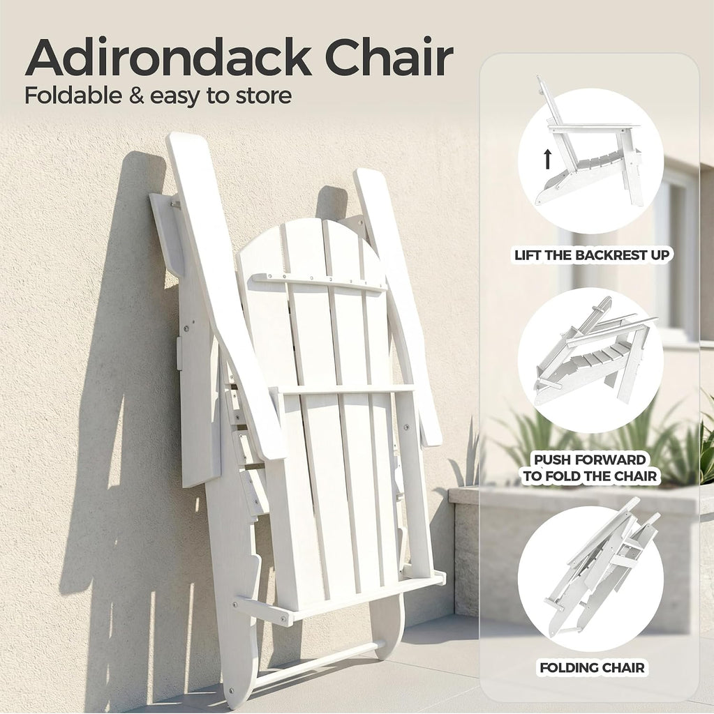 Lightweight Folding Adirondack Chair Set of 4, HDPE, White | Portable HDPE Patio Chair - 350lbs,Durable All-Weather
