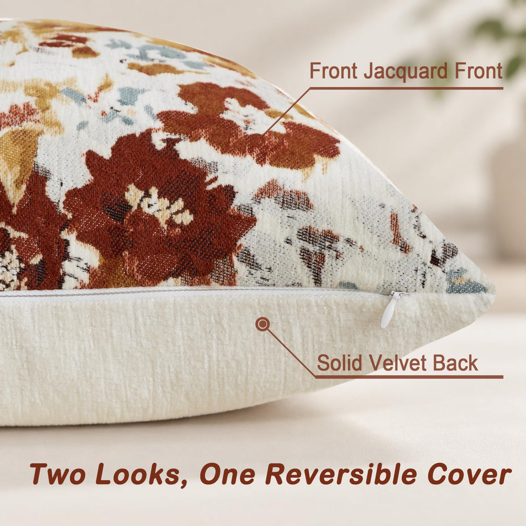 Vintage Floral Throw Pillow Covers, Reversible, 20x20, Rustic Terracotta