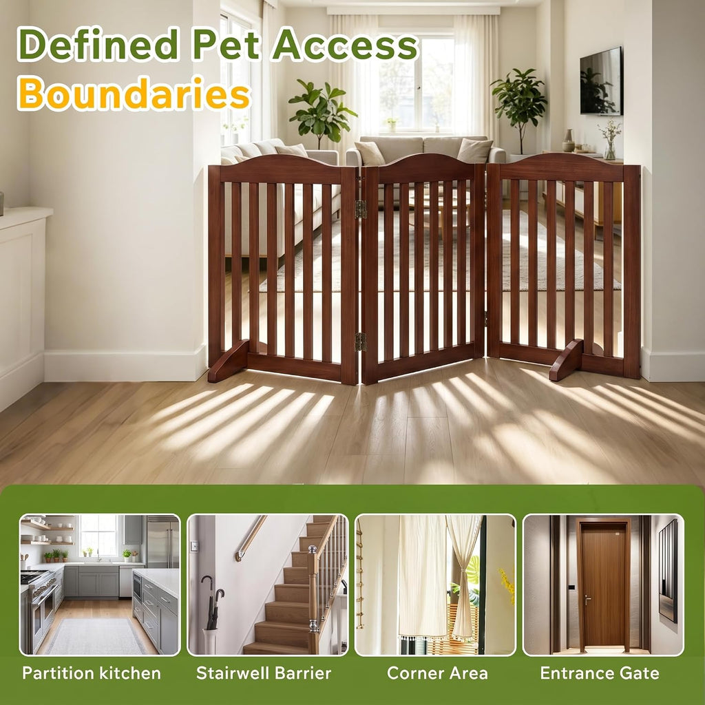 60'' Foldable Pet Gate Doorway for Dogs, Brown 3 Panels Step Over Fence
