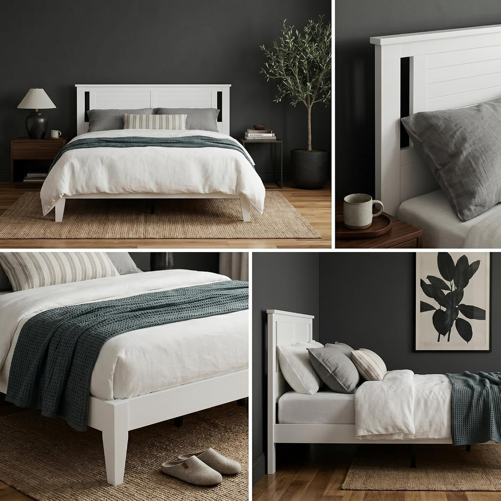 Solid Wood Platform Bed with Wooden Slats - Durable Frame, No Box Spring Required, Ample Underbed Storage, White