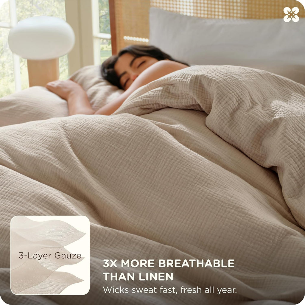 Muslin Duvet Cover Queen - 100% Cotton 3-Layer Gauze Ultra-Soft, Breathable