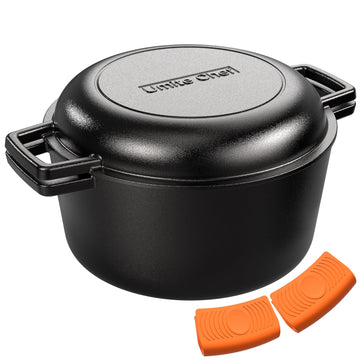 2-in-1 Pre-Seasoned Cast Iron Double Dutch Oven Pot with Skillet Lid & Silicone Sleeves - Raised Rib Skillet Lid- 7QT