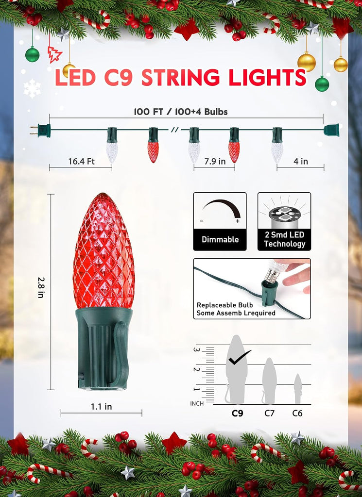 C9 Christmas String Lights Outdoor Led Fairy Lights Faceted Strawberry Lights Extendable UL Certified for Party
