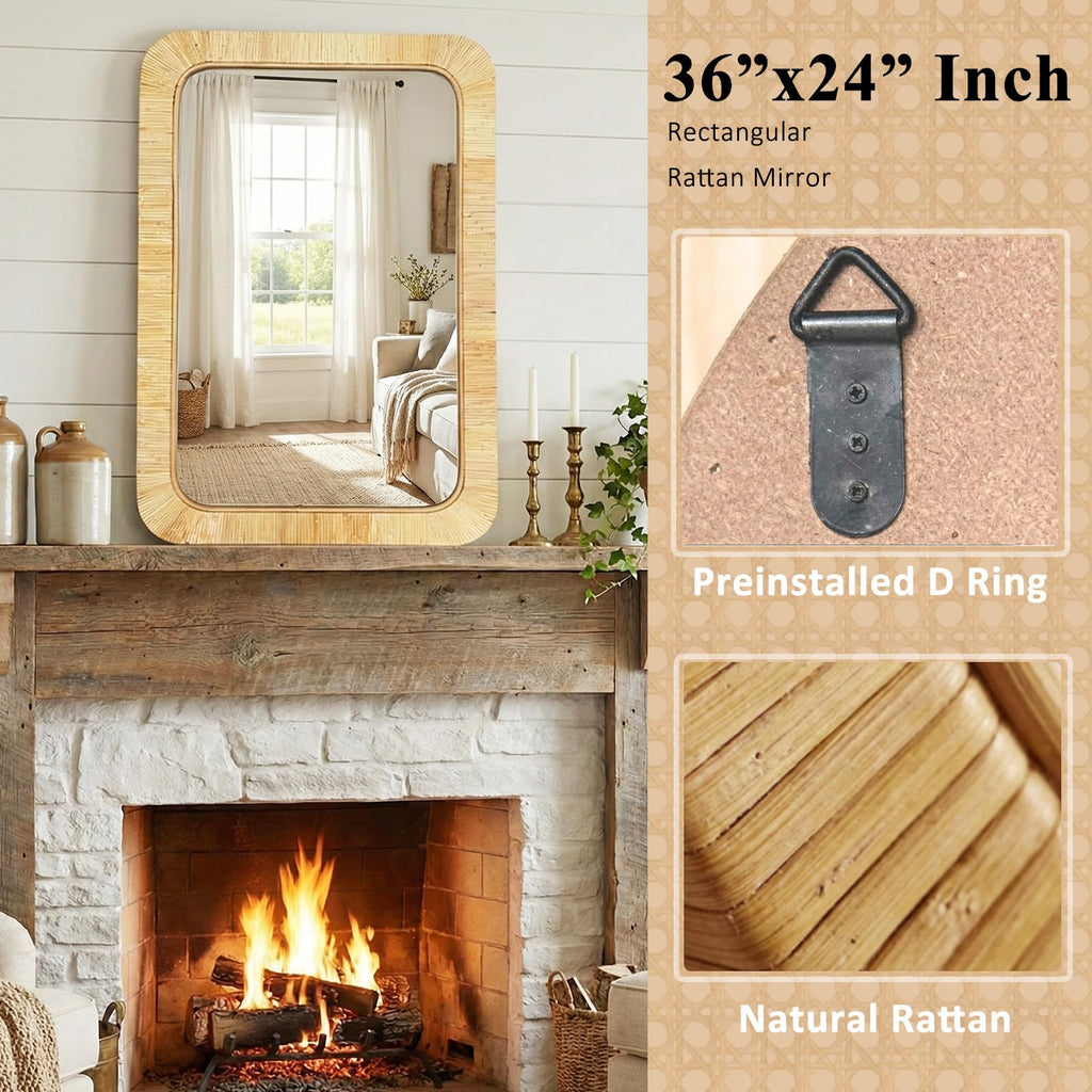 Rattan Rectangular Mirror 24x36, Boho Decorative Wall Mirror, Farmhouse Vanity Mirror Decor, Nursery & Children's