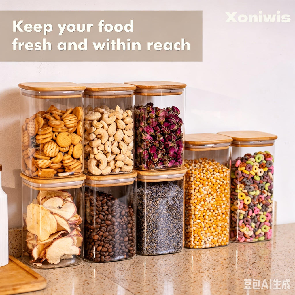 3-Pack 1.6Qt Square Glass Storage Jars with Bamboo Lids