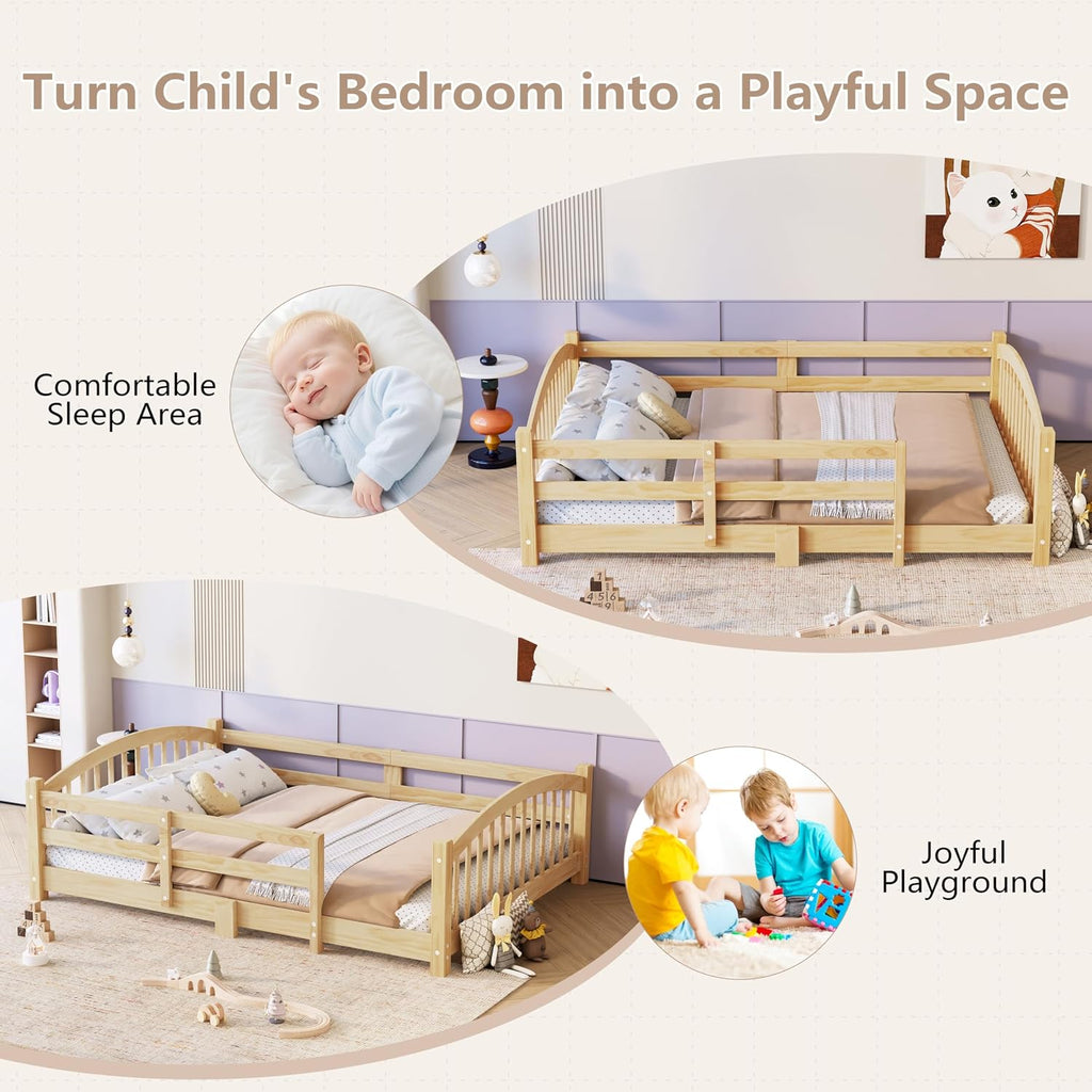 Montessori Floor Bed with Safety Guardrails - Solid Wood Bed Frame with Slats & Fence and Without Door, No Box