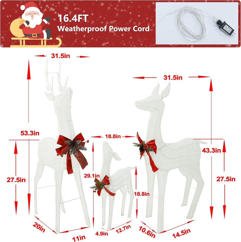 Outdoor Christmas Decoration Lighted Deer Family Set Indoor, Christmas Holiday Yard Decor 3-Piece Set for Lawn