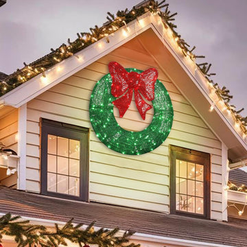 48in Pre-Lit Outdoor Christmas Wreath Decoration, 234LED Lights Metal Holiday Decor , Bow - Green/Red