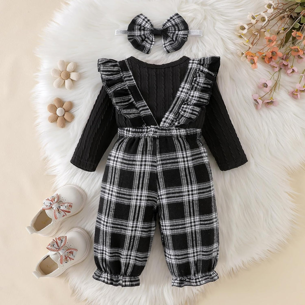 Baby Girl Clothes Newborn Suspender Overalls Long Sleeve Ribbed Romper Fall Winter Outfits Bow Headband