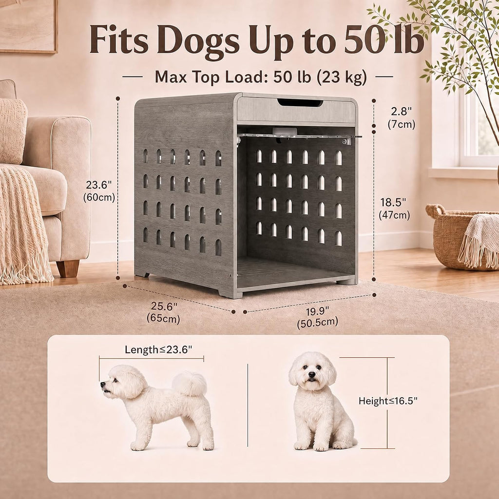 Modern Dog Crate Furniture Wooden Kennel Charging Station End Table Grey