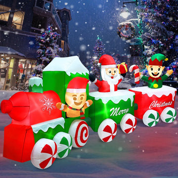 Extra Long 12 Ft Christmas Inflatables Train with Santa Claus Gingerbread Man Elf Blow Up Inflatable Outdoor
