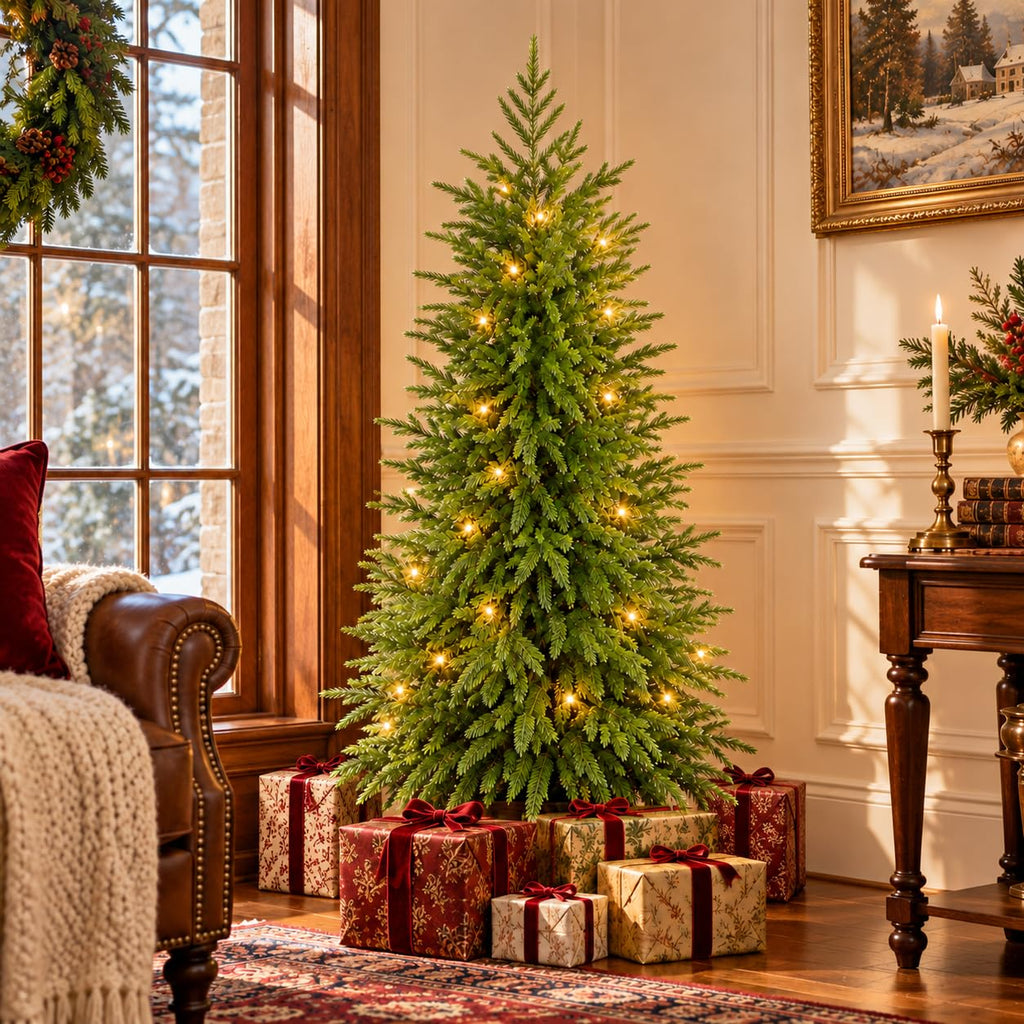 4FT Norfolk Pine Christmas Trees with Lights, 2Pack Potted Xmas Trees