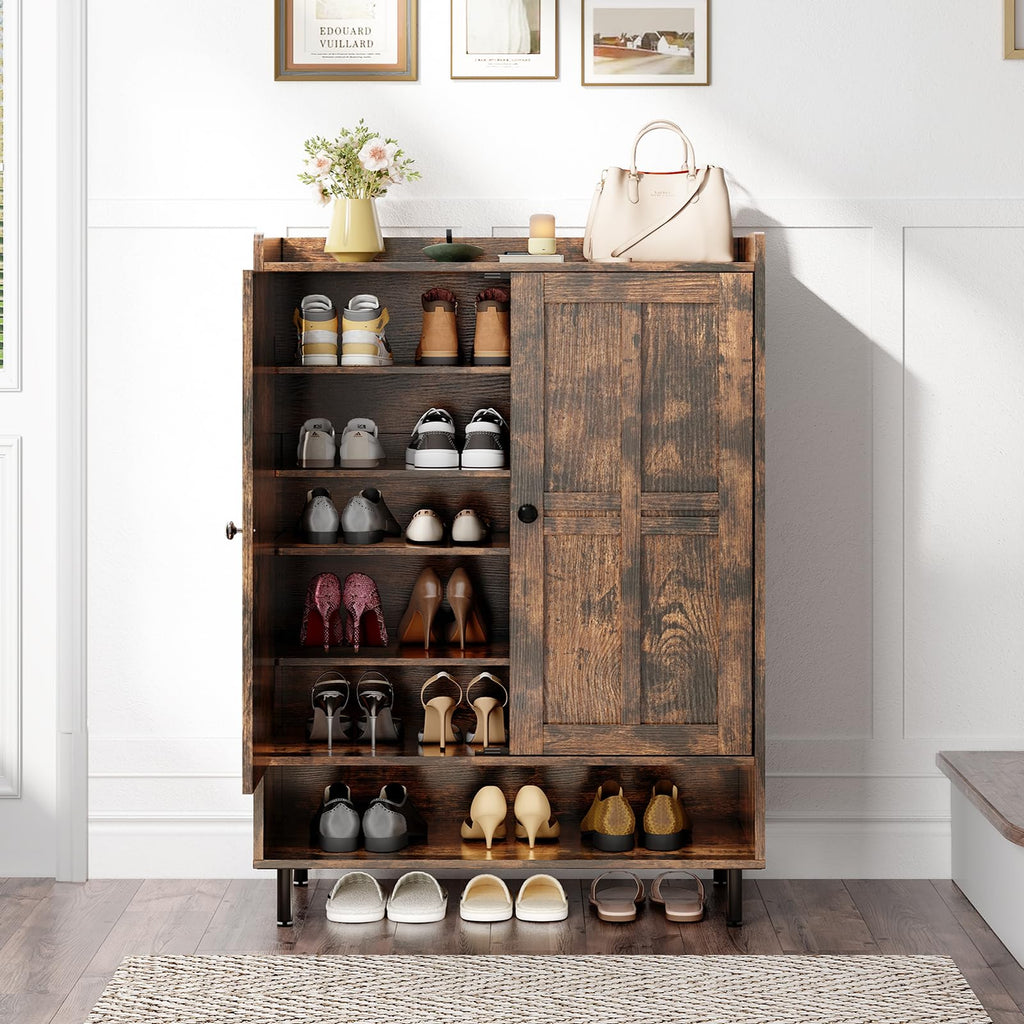 Shoe Cabinet with Cross Molding Doors, 6-Tier Storage(Rustic Brown)
