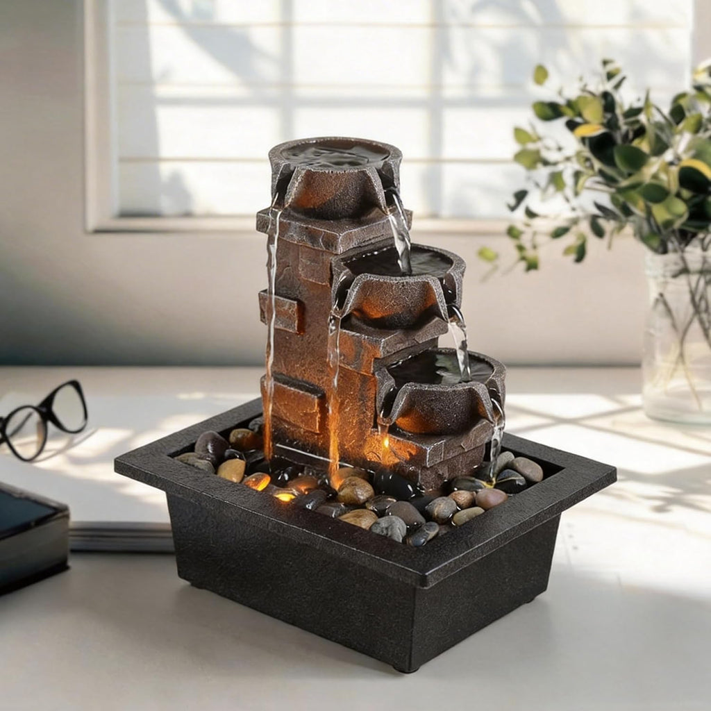 Home Décor Imitation 3-Tier Stone Wall Tabletop Fountain Many Natural River Rock Office Relaxing Desktop Zen