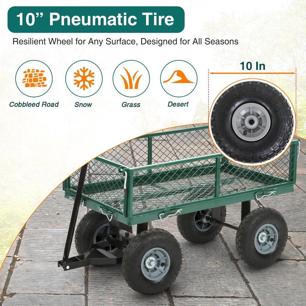 Heavy Duty Garden Cart with Wheels | Green | 500lbs Capacity | Corrosion Resistant Utility Cart with Adjustable Side